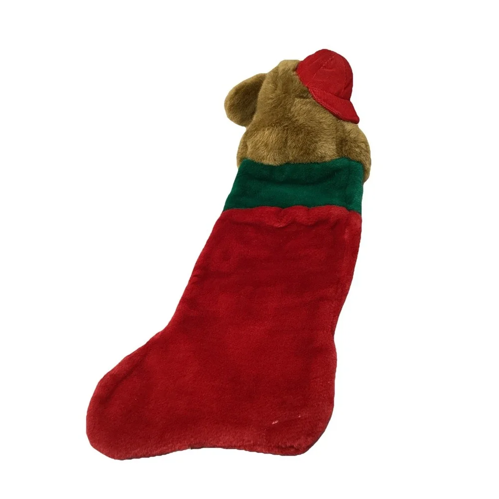 VTG Brown Dog Head Plush Red Green Velour Christmas Stocking 14